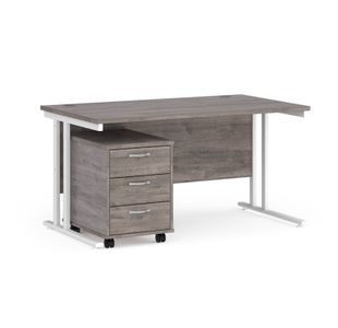 Maestro 25 straight desk 1400mm x 800mm with white cantilever frame and 3 drawer pedestal - grey oak