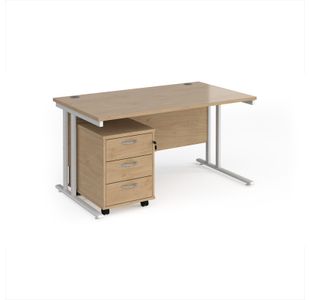 Maestro 25 straight desk 1400mm x 800mm with white cantilever frame and 3 drawer pedestal - Kendal Oak