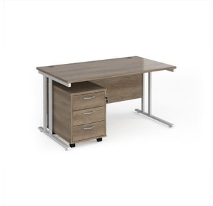 Maestro 25 straight desk 1400mm x 800mm with white cantilever frame and 3 drawer pedestal - Nebraska Oak
