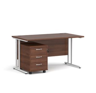 Maestro 25 straight desk 1400mm x 800mm with white cantilever frame and 3 drawer pedestal - walnut