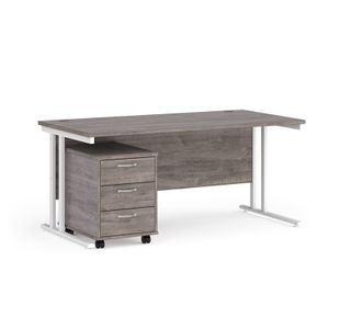 Maestro 25 straight desk 1600mm x 800mm with white cantilever frame and 3 drawer pedestal - grey oak
