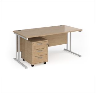 Maestro 25 straight desk 1600mm x 800mm with white cantilever frame and 3 drawer pedestal - Kendal Oak