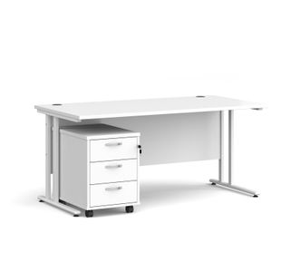 Maestro 25 straight desk 1600mm x 800mm with white cantilever frame and 3 drawer pedestal - white