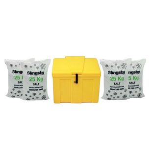 Heavy Duty Lockable Salt and Grit Bin Yellow 110L with White De-icing Salt 395100