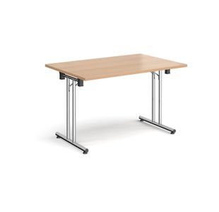 Rectangular folding leg table with chrome legs and straight foot rails 1200mm x 800mm - beech