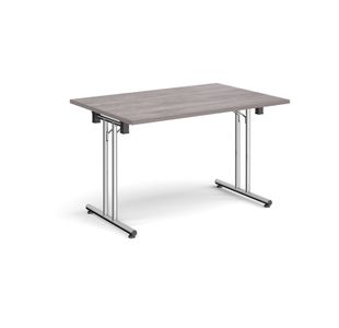 Rectangular folding leg table with chrome legs and straight foot rails 1200mm x 800mm - grey oak