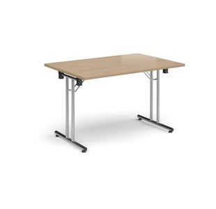 Rectangular folding leg table with chrome legs and straight foot rails 1200mm x 800mm - Kendal Oak