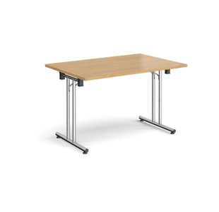 Rectangular folding leg table with chrome legs and straight foot rails 1200mm x 800mm - oak