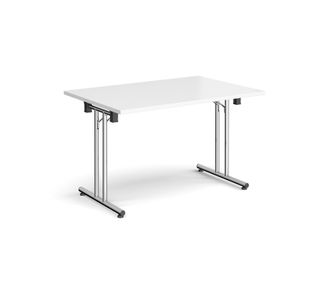 Rectangular folding leg table with chrome legs and straight foot rails 1200mm x 800mm - white