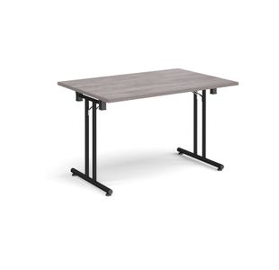 Rectangular folding leg table with black legs and straight foot rails 1200mm x 800mm - grey oak