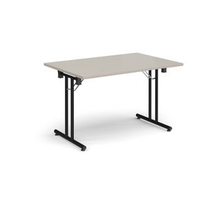 Rectangular folding leg table with black legs and straight foot rails 1200mm x 800mm - Light Grey