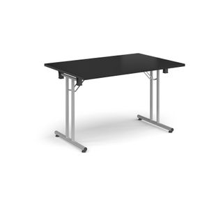 Rectangular folding leg table with silver legs and straight foot rails 1200mm x 800mm - Black