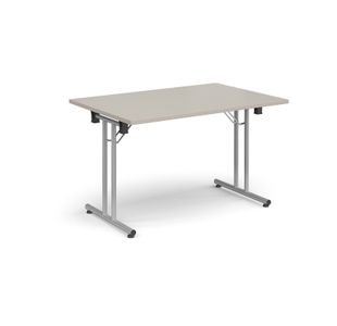 Rectangular folding leg table with silver legs and straight foot rails 1200mm x 800mm - Light Grey