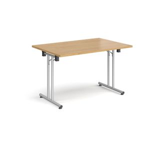 Rectangular folding leg table with silver legs and straight foot rails 1200mm x 800mm - oak