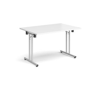 Rectangular folding leg table with silver legs and straight foot rails 1200mm x 800mm - white