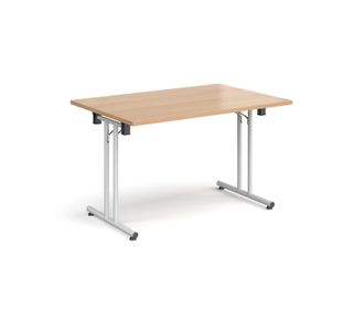 Rectangular folding leg table with white legs and straight foot rails 1200mm x 800mm - beech