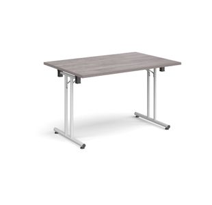 Rectangular folding leg table with white legs and straight foot rails 1200mm x 800mm - grey oak