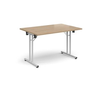 Rectangular folding leg table with white legs and straight foot rails 1200mm x 800mm - Kendal Oak