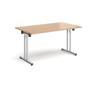 Rectangular folding leg table with chrome legs and straight foot rails 1400mm x 800mm - beech