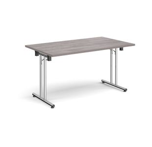 Rectangular folding leg table with chrome legs and straight foot rails 1400mm x 800mm - grey oak