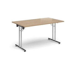 Rectangular folding leg table with chrome legs and straight foot rails 1400mm x 800mm - Kendal Oak