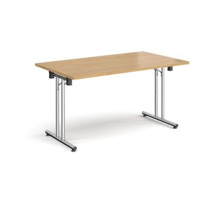 Rectangular folding leg table with chrome legs and straight foot rails 1400mm x 800mm - oak