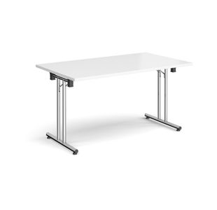 Rectangular folding leg table with chrome legs and straight foot rails 1400mm x 800mm - white