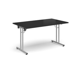 Rectangular folding leg table with silver legs and straight foot rails 1400mm x 800mm - Black