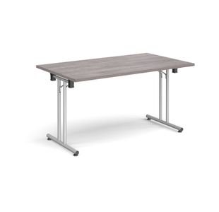 Rectangular folding leg table with silver legs and straight foot rails 1400mm x 800mm - grey oak