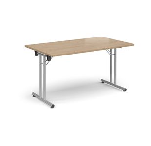 Rectangular folding leg table with silver legs and straight foot rails 1400mm x 800mm - Kendal Oak