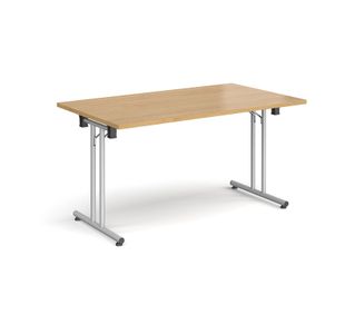 Rectangular folding leg table with silver legs and straight foot rails 1400mm x 800mm - oak
