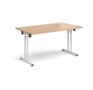 Rectangular folding leg table with white legs and straight foot rails 1400mm x 800mm - beech