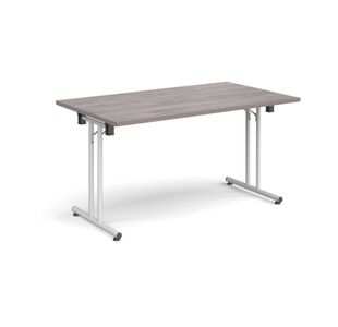 Rectangular folding leg table with white legs and straight foot rails 1400mm x 800mm - grey oak