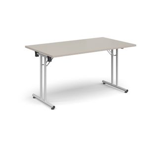 Rectangular folding leg table with white legs and straight foot rails 1400mm x 800mm - Light Grey