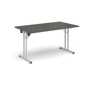 Rectangular folding leg table with white legs and straight foot rails 1400mm x 800mm - Onyx Grey
