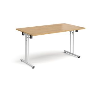 Rectangular folding leg table with white legs and straight foot rails 1400mm x 800mm - oak