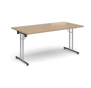 Rectangular folding leg table with chrome legs and straight foot rails 1600mm x 800mm - Kendal Oak