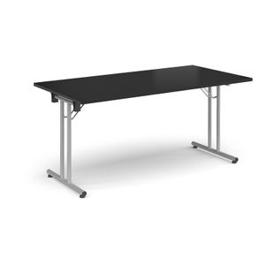 Rectangular folding leg table with silver legs and straight foot rails 1600mm x 800mm - Black