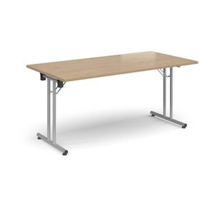 Rectangular folding leg table with silver legs and straight foot rails 1600mm x 800mm - Kendal Oak