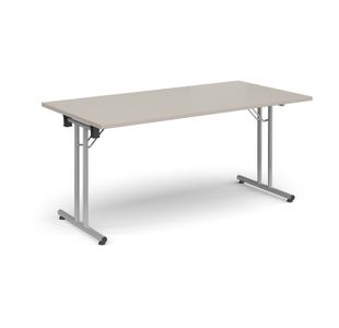 Rectangular folding leg table with silver legs and straight foot rails 1600mm x 800mm - Light Grey