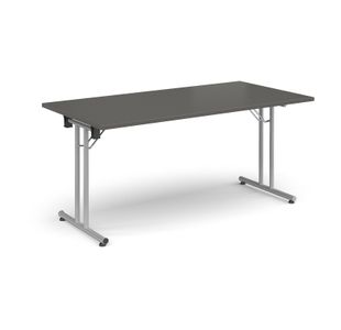 Rectangular folding leg table with silver legs and straight foot rails 1600mm x 800mm - Onyx Grey