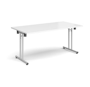 Rectangular folding leg table with silver legs and straight foot rails 1600mm x 800mm - white