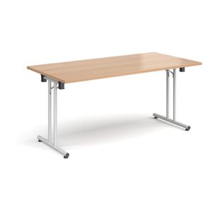 Rectangular folding leg table with white legs and straight foot rails 1600mm x 800mm - beech