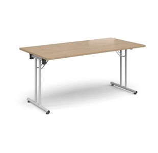 Rectangular folding leg table with white legs and straight foot rails 1600mm x 800mm - Kendal Oak