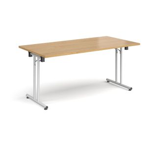Rectangular folding leg table with white legs and straight foot rails 1600mm x 800mm - oak