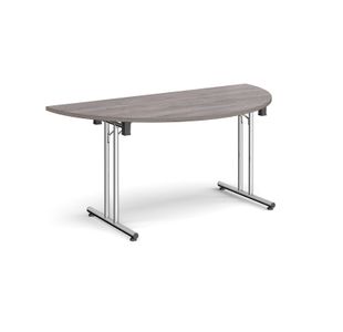 Semi circular folding leg table with chrome legs and straight foot rails 1600mm x 800mm - grey oak