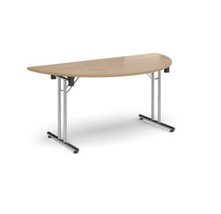 Semi circular folding leg table with chrome legs and straight foot rails 1600mm x 800mm - Kendal Oak