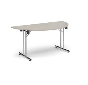 Semi circular folding leg table with chrome legs and straight foot rails 1600mm x 800mm - Light Grey