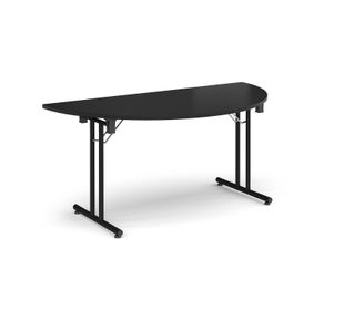 Semi circular folding leg table with black legs and straight foot rails 1600mm x 800mm - Black