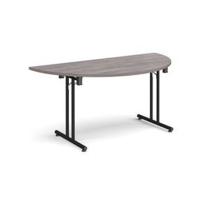 Semi circular folding leg table with black legs and straight foot rails 1600mm x 800mm - grey oak